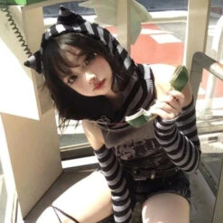 Apparel Gothic Gray Striped Cat Hooded Women's Top -Kawaii Store kawaiies plushies plush softtoy gothic gray striped cat hooded womens top apparel 640419