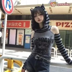 Apparel Gothic Gray Striped Cat Hooded Women's Top -Kawaii Store kawaiies plushies plush softtoy gothic gray striped cat hooded womens top apparel s 230864