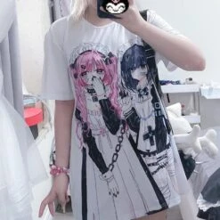 Apparel Gothic Harajuku Two Girls Long White Women's Tee -Kawaii Store kawaiies plushies plush softtoy gothic harajuku two girls long white womens tee apparel 516627
