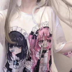 Apparel Gothic Harajuku Two Girls Long White Women's Tee -Kawaii Store kawaiies plushies plush softtoy gothic harajuku two girls long white womens tee apparel 692858