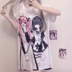 Apparel Gothic Harajuku Two Girls Long White Women's Tee -Kawaii Store kawaiies plushies plush softtoy gothic harajuku two girls long white womens tee apparel 734151