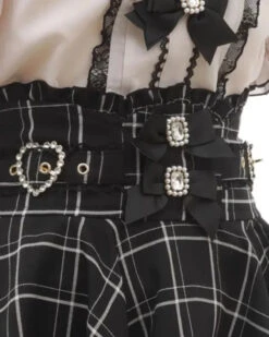 Apparel Gothic Heart Bow High Waist Black Plaid Skirt -Kawaii Store kawaiies plushies plush softtoy gothic heart bow high waist black plaid skirt apparel 278676