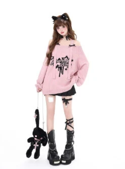 Apparel Gothic "Heavenly Body" Oversized Off-Shoulder Women's Black Pink Sweater -Kawaii Store kawaiies plushies plush softtoy gothic heavenly body oversized off shoulder womens black pink sweater apparel 159153