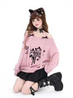 Apparel Gothic "Heavenly Body" Oversized Off-Shoulder Women's Black Pink Sweater -Kawaii Store kawaiies plushies plush softtoy gothic heavenly body oversized off shoulder womens black pink sweater apparel 256147