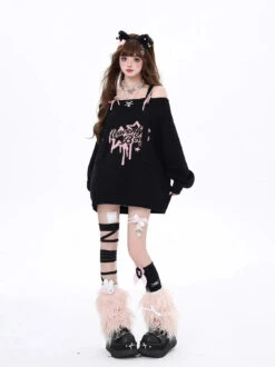 Apparel Gothic "Heavenly Body" Oversized Off-Shoulder Women's Black Pink Sweater -Kawaii Store kawaiies plushies plush softtoy gothic heavenly body oversized off shoulder womens black pink sweater apparel 515497