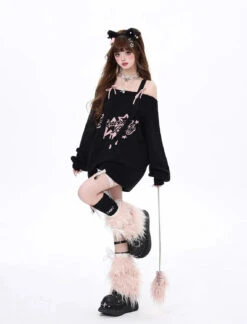Apparel Gothic "Heavenly Body" Oversized Off-Shoulder Women's Black Pink Sweater -Kawaii Store kawaiies plushies plush softtoy gothic heavenly body oversized off shoulder womens black pink sweater apparel 744874