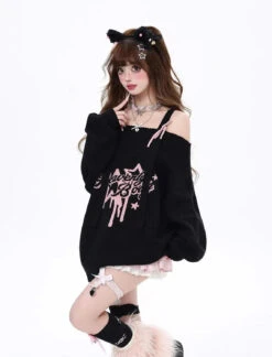 Apparel Gothic "Heavenly Body" Oversized Off-Shoulder Women's Black Pink Sweater -Kawaii Store kawaiies plushies plush softtoy gothic heavenly body oversized off shoulder womens black pink sweater apparel 977364