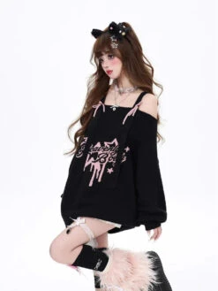 Apparel Gothic "Heavenly Body" Oversized Off-Shoulder Women's Black Pink Sweater -Kawaii Store kawaiies plushies plush softtoy gothic heavenly body oversized off shoulder womens black pink sweater apparel black m 277107