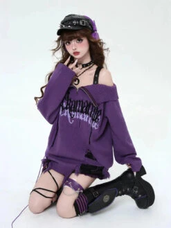 Apparel Gothic Off-Shoulder Oversized Women's Black Purple Sweater -Kawaii Store kawaiies plushies plush softtoy gothic off shoulder oversized womens black purple sweater apparel 165779