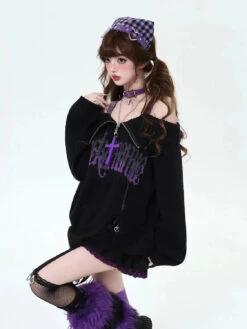 Apparel Gothic Off-Shoulder Oversized Women's Black Purple Sweater -Kawaii Store kawaiies plushies plush softtoy gothic off shoulder oversized womens black purple sweater apparel 200183