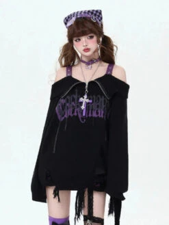 Apparel Gothic Off-Shoulder Oversized Women's Black Purple Sweater -Kawaii Store kawaiies plushies plush softtoy gothic off shoulder oversized womens black purple sweater apparel 218830