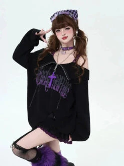 Apparel Gothic Off-Shoulder Oversized Women's Black Purple Sweater -Kawaii Store kawaiies plushies plush softtoy gothic off shoulder oversized womens black purple sweater apparel 223232