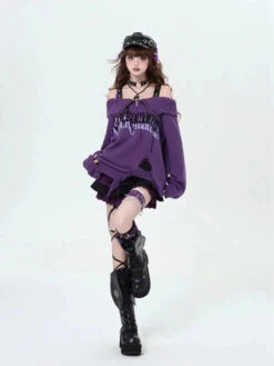 Apparel Gothic Off-Shoulder Oversized Women's Black Purple Sweater -Kawaii Store kawaiies plushies plush softtoy gothic off shoulder oversized womens black purple sweater apparel 532567