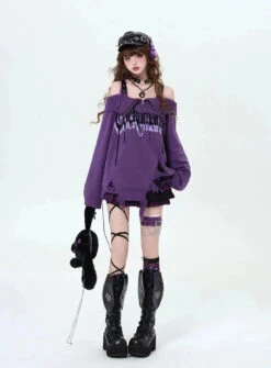 Apparel Gothic Off-Shoulder Oversized Women's Black Purple Sweater -Kawaii Store kawaiies plushies plush softtoy gothic off shoulder oversized womens black purple sweater apparel 550881