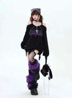 Apparel Gothic Off-Shoulder Oversized Women's Black Purple Sweater -Kawaii Store kawaiies plushies plush softtoy gothic off shoulder oversized womens black purple sweater apparel 638243