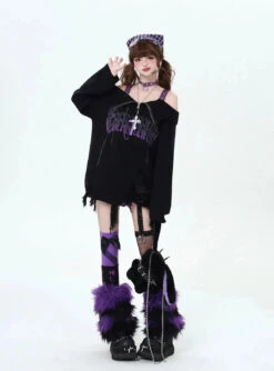 Apparel Gothic Off-Shoulder Oversized Women's Black Purple Sweater -Kawaii Store kawaiies plushies plush softtoy gothic off shoulder oversized womens black purple sweater apparel 730644