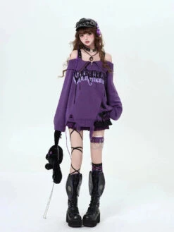 Apparel Gothic Off-Shoulder Oversized Women's Black Purple Sweater -Kawaii Store kawaiies plushies plush softtoy gothic off shoulder oversized womens black purple sweater apparel 811783