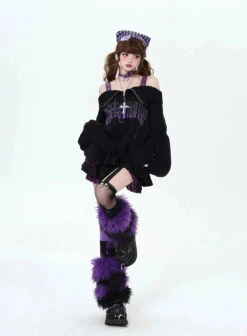 Apparel Gothic Off-Shoulder Oversized Women's Black Purple Sweater -Kawaii Store kawaiies plushies plush softtoy gothic off shoulder oversized womens black purple sweater apparel 823179