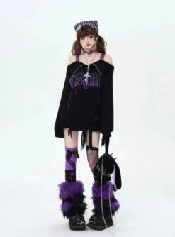 Apparel Gothic Off-Shoulder Oversized Women's Black Purple Sweater -Kawaii Store kawaiies plushies plush softtoy gothic off shoulder oversized womens black purple sweater apparel 838147