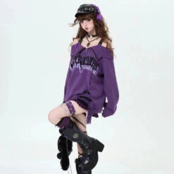 Apparel Gothic Off-Shoulder Oversized Women's Black Purple Sweater