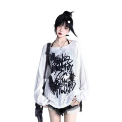 Apparel Graffiti Print Oversized Ribbed Long Sleeve Top -Kawaii Store kawaiies plushies plush softtoy graffiti print oversized ribbed long sleeve top apparel 308314
