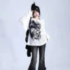 Apparel Graffiti Print Oversized Ribbed Long Sleeve Top 2 Apparel Graffiti Print Oversized Ribbed Long Sleeve Top -Kawaii Store kawaiies plushies plush softtoy graffiti print oversized ribbed long sleeve top apparel 581074