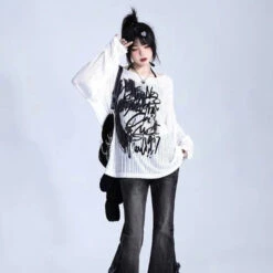 Apparel Graffiti Print Oversized Ribbed Long Sleeve Top