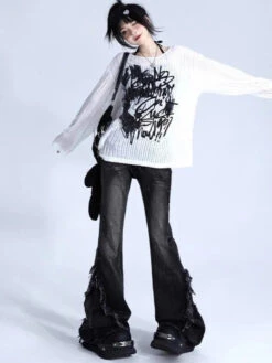 Apparel Graffiti Print Oversized Ribbed Long Sleeve Top -Kawaii Store kawaiies plushies plush softtoy graffiti print oversized ribbed long sleeve top apparel 729848