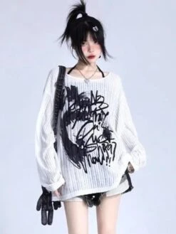Apparel Graffiti Print Oversized Ribbed Long Sleeve Top -Kawaii Store kawaiies plushies plush softtoy graffiti print oversized ribbed long sleeve top apparel l 456621