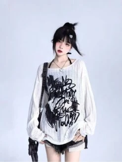 Apparel Graffiti Print Oversized Ribbed Long Sleeve Top -Kawaii Store kawaiies plushies plush softtoy graffiti print oversized ribbed long sleeve top apparel m 274223