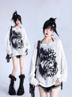 Apparel Graffiti Print Oversized Ribbed Long Sleeve Top -Kawaii Store kawaiies plushies plush softtoy graffiti print oversized ribbed long sleeve top apparel s 133471