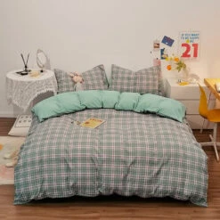 Green Two-Tone Checked Plaid Bedding Set -Kawaii Store kawaiies plushies plush softtoy green two tone checked plaid bedding set bedding sets 325082