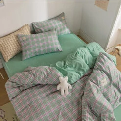 Green Two-Tone Checked Plaid Bedding Set -Kawaii Store kawaiies plushies plush softtoy green two tone checked plaid bedding set bedding sets 375240