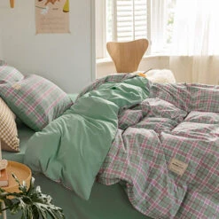 Green Two-Tone Checked Plaid Bedding Set -Kawaii Store kawaiies plushies plush softtoy green two tone checked plaid bedding set bedding sets 693740