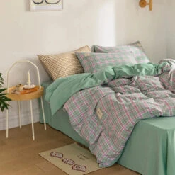 Green Two-Tone Checked Plaid Bedding Set -Kawaii Store kawaiies plushies plush softtoy green two tone checked plaid bedding set bedding sets 795782