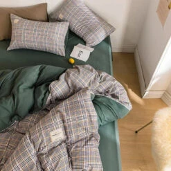 Green Two-Tone Checked Plaid Bedding Set -Kawaii Store kawaiies plushies plush softtoy green two tone checked plaid bedding set bedding sets 955460