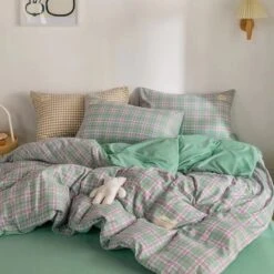 Green Two-Tone Checked Plaid Bedding Set -Kawaii Store kawaiies plushies plush softtoy green two tone checked plaid bedding set bedding sets 985768