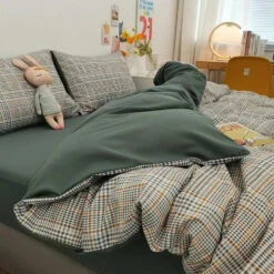 Green Two-Tone Checked Plaid Bedding Set -Kawaii Store kawaiies plushies plush softtoy green two tone checked plaid bedding set bedding sets dark green single 887781