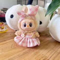 Handmade Labubu Plaid Pink Green Dress Outfit With Accessories -Kawaii Store kawaiies plushies plush softtoy handmade labubu plaid pink green dress outfit with accessories accessories 389663