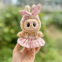 Handmade Labubu Plaid Pink Green Dress Outfit With Accessories -Kawaii Store kawaiies plushies plush softtoy handmade labubu plaid pink green dress outfit with accessories accessories pink 785518