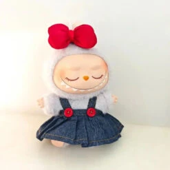 Accessories Handmade Red Bow Denim Dress Labubu Outfit -Kawaii Store kawaiies plushies plush softtoy handmade red bow denim dress labubu outfit accessories 829763