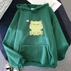 Apparel Happy Green Blushing Frog Unisex Hoodie -Kawaii Store kawaiies plushies plush softtoy happy green blushing frog unisex hoodie apparel dark green xs 869090