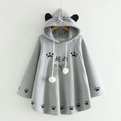 Apparel Harajuku Black Gray White Cat Hooded Cloak Coat -Kawaii Store kawaiies plushies plush softtoy harajuku black gray white cat hooded cloak coat apparel gray 727379