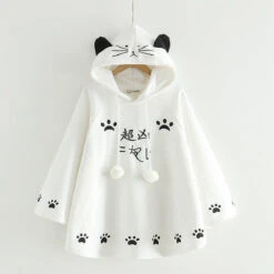 Apparel Harajuku Black Gray White Cat Hooded Cloak Coat -Kawaii Store kawaiies plushies plush softtoy harajuku black gray white cat hooded cloak coat apparel white 246891