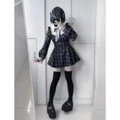 Apparel Harajuku Black Plaid Hearts Laced Lolita Women's Dress -Kawaii Store kawaiies plushies plush softtoy harajuku black plaid hearts laced lolita womens dress apparel 348028