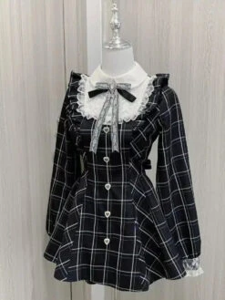 Apparel Harajuku Black Plaid Hearts Laced Lolita Women's Dress -Kawaii Store kawaiies plushies plush softtoy harajuku black plaid hearts laced lolita womens dress apparel 473695