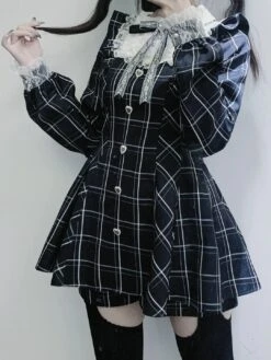 Apparel Harajuku Black Plaid Hearts Laced Lolita Women's Dress -Kawaii Store kawaiies plushies plush softtoy harajuku black plaid hearts laced lolita womens dress apparel m 659614