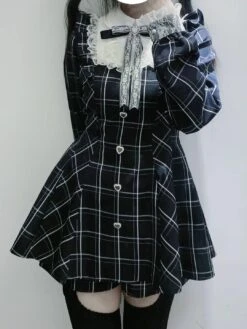 Apparel Harajuku Black Plaid Hearts Laced Lolita Women's Dress -Kawaii Store kawaiies plushies plush softtoy harajuku black plaid hearts laced lolita womens dress apparel xl 862379