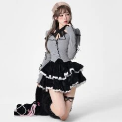 Apparel Harajuku Goth Ribbon Skirt Two Piece Set -Kawaii Store kawaiies plushies plush softtoy harajuku goth ribbon skirt two piece set apparel 346856
