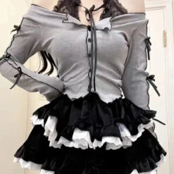 Apparel Harajuku Goth Ribbon Skirt Two Piece Set -Kawaii Store kawaiies plushies plush softtoy harajuku goth ribbon skirt two piece set apparel 410276